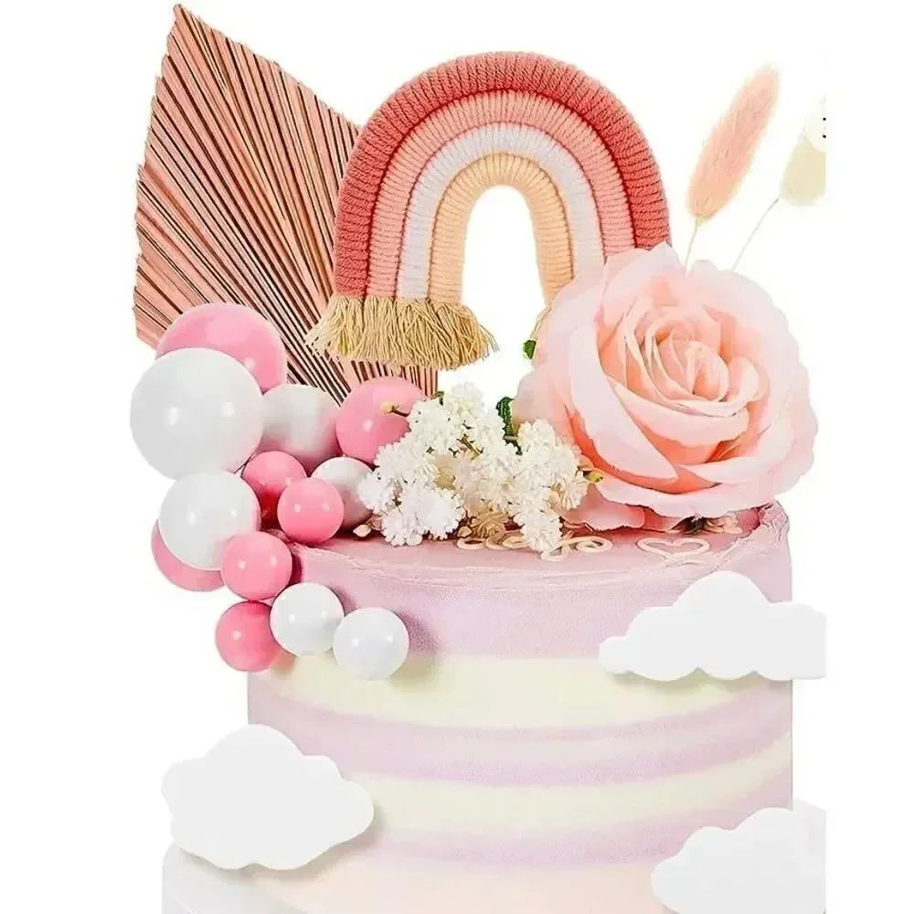 NWT Boho Rainbow Cake Toppers Bohemian Cake Topper Decoration Foam Ball Cake Pic